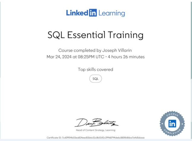 SQL Essential Training certificate